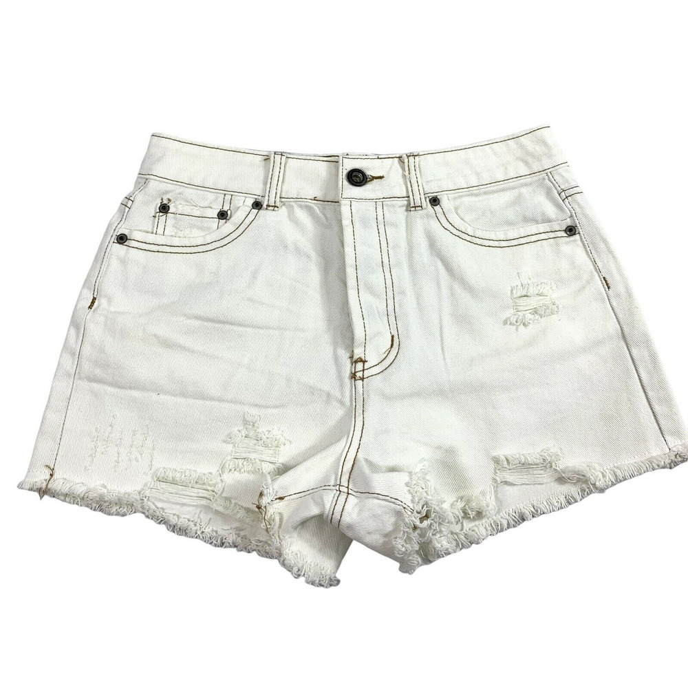 Womens White Denim‎ Shorts Size 28 Button Fly High Rise Cut Offs Jeans Festival